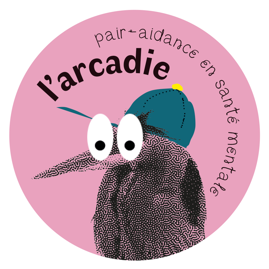 logo arcadie heron dans un badge circulaire de fond rose